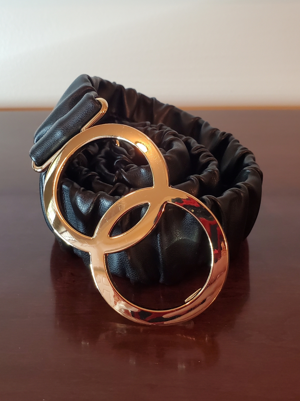 Ruched - Black - Belt with Gold Double Hoop Buckle